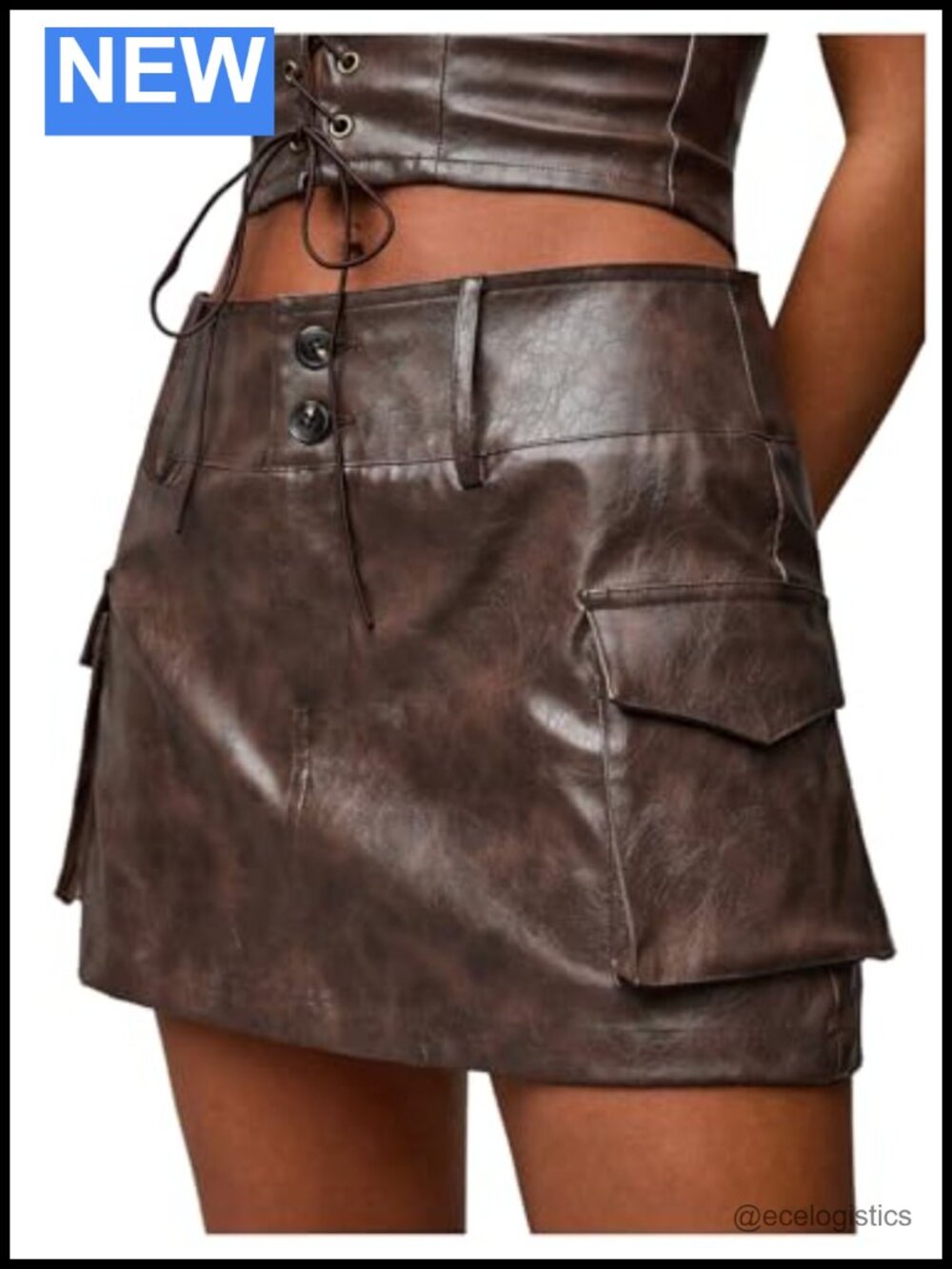 WDIRARA PU Leather Cargo Mini Skirt Low Rise Retro A-Line Flap Pockets